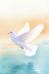Fototapeta premium Peaceful watercolor painting of white dove soaring gracefully above tranquil blue water, symbolizing hope, serenity, and spirituality