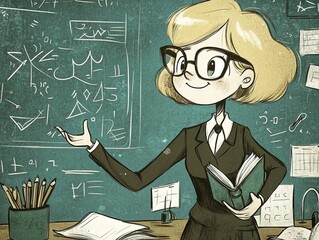 A lively cartoon-style image of a teacher presenting math formulas on a chalkboard while holding a book. The classroom setting is detailed and artistic.