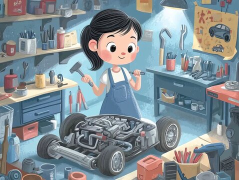 A cartoon-style girl in a workshop working on a car engine with tools in hand. The detailed and colorful illustration emphasizes mechanical skills and creativity.