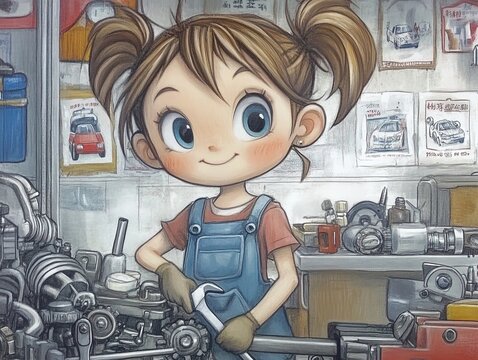 A cute cartoon-style illustration of a young girl in overalls working with car parts in a garage. Her expression conveys curiosity and enthusiasm in a mechanical environment.