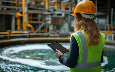 Female worker in a safety vest and hard hat holding a tablet while observing a whirlpool of sludge at an industrial wastewater treatment plant during the day, real photo.