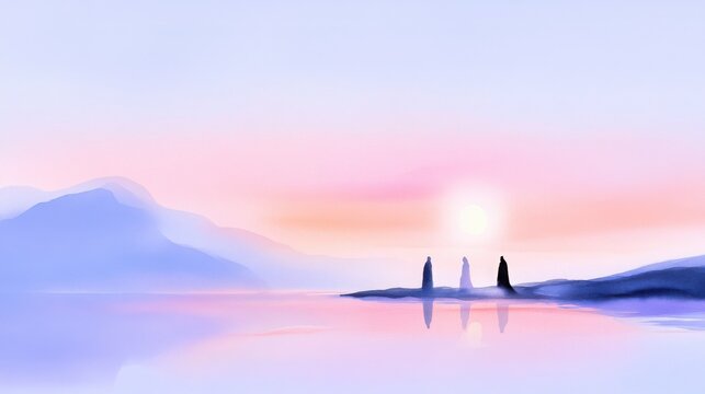 Watercolor painting of the holy trinity standing near a lake during a pastel-colored sunrise, inspiring a sense of peace and spirituality