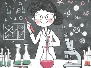 A cheerful cartoon-style scientist holding a test tube in a lively laboratory environment, with beakers and microscopes showcasing scientific exploration and discovery.