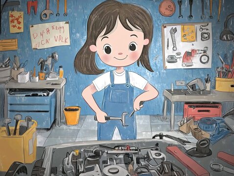 A cartoon-style girl mechanic wearing overalls, confidently holding a wrench in a vibrant and organized workshop setting filled with tools and automotive parts.