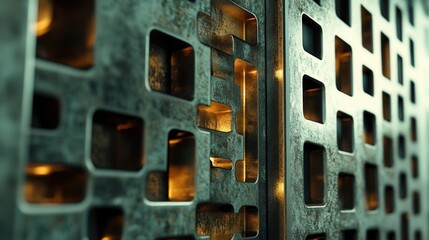Abstract Metal Grid Pattern with Glowing Interior: Industrial Design Texture