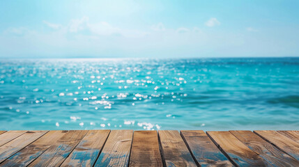 Fototapeta premium wooden table top on blur blue sea background, perfect for summer season product display, tropical beach vibes, seaside vacation theme, copy space layout for ads or design mockups
