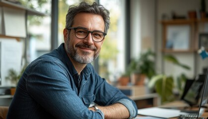 Obraz premium Explore a modern leader expressing confidence with assertive body language during a critical presentation This image encapsulates professionalism and power A man with glasses smiles gently at a desk