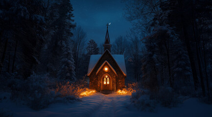 Fototapeta premium A small church in the middle of snow-covered woods, illuminated by candles on each side of its entrance at night. The sky is dark blue, and there is no moonlight. Trees surround th