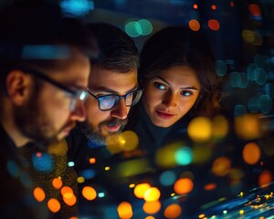 Explore team collaboration in a vibrant, glowing workspace, showcasing emotional intelligence through creative brainstorming sessions and innovative problem-solving, generating synergistic ideas