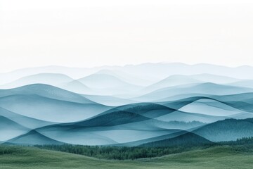 Explore the creative abstract showing communication waves blending into a peaceful, adaptable landscape This calming digital artwork presents an ethereal vista of rolling hills and valleys
