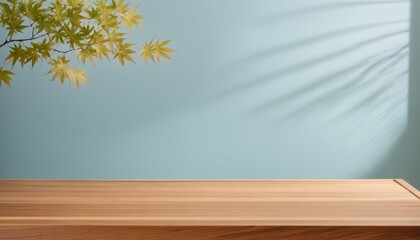 Wooden Platform with Yellow Maple Leaves and Blue Background for Product Display Montage, Product Photography, Japan style 