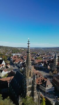 The drone aerial footage of church frauenkirche and old town of Esslingen, Germany. Esslingen am Neckar is a town in the Stuttgart Region of Baden-W&uuml;rttemberg in southern Germany
