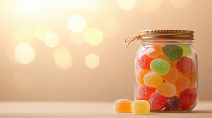 A clear jar filled with colorful gummy candies, featuring a warm, blurred background that enhances the sugary treat's appeal, Perfect for candy shop promotions, dessert recipes