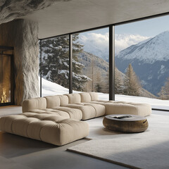 A living room with an oversized beige modular sofa, concrete floor, and large windows looking out to the snowy Alps in winter.