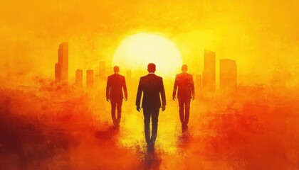 Fototapeta premium Witness a Vibrant depiction of leadership as a sunrise over a horizon filled with skyscrapers, showcasing three figures walking towards the rising sun, amidst a cityscape The powerful image captures