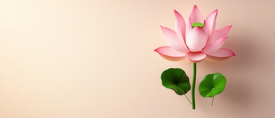 Fototapeta premium [Pink lily in beige background] Romantic Pink Lily in Soft Beige Background Capturing Tranquility with Fresh Green Leaf