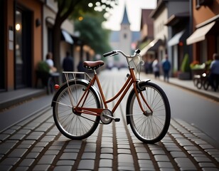 Vintage Bicycle on Cobblestone Street Cityscape Background