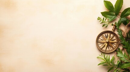 An elegant compass surrounded by lush greenery on a soft, neutral background, ideal for themes of exploration, nature, or adventure, Useful for travel blogs, brochures, or motivational content,