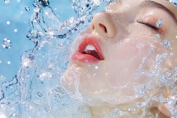 Fototapeta premium Refreshing water splashes around face in soothing calm