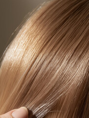 Fototapeta premium The image features a close-up of a hand holding a round hairbrush at a slight upward angle, with its bristles entangled in a section of smooth, straight, blonde hair. The brush,