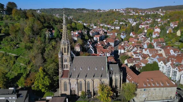 The drone aerial footage of church frauenkirche and old town of Esslingen, Germany. Esslingen am Neckar is a town in the Stuttgart Region of Baden-W&uuml;rttemberg in southern Germany