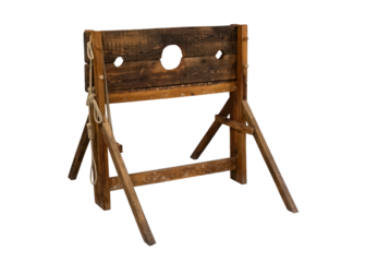 Wooden medieval stocks isolated on white background, antique punishment device, historical justice equipment, vintage restraint tool for public humiliation, traditional discipline instrument concept