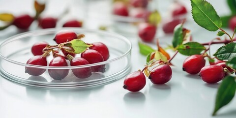 Fresh_rose_hips_displayed_in_a_petri_dish_alongside_more_rose_hips_This_image_highlights_phytotherapy_herbal_medicine_and_natural_medicine_in_a_laboratory_research_setting_Copy_space_available_fo