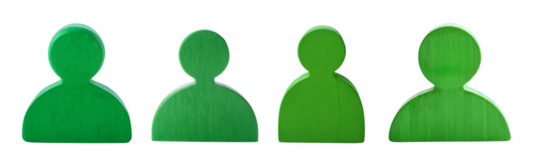Group of green silhouette figures on white background, abstract representation of community.