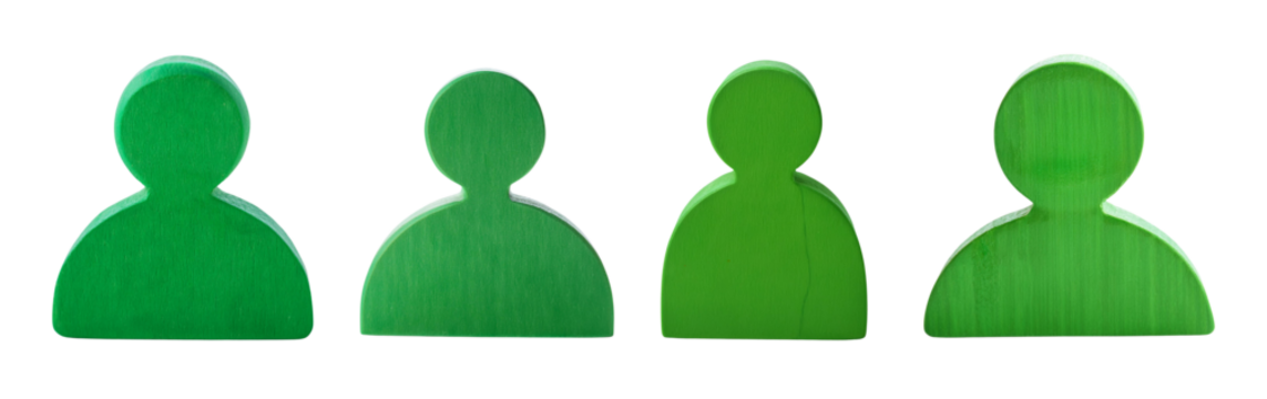 Group of green silhouette figures on white background, abstract representation of community.