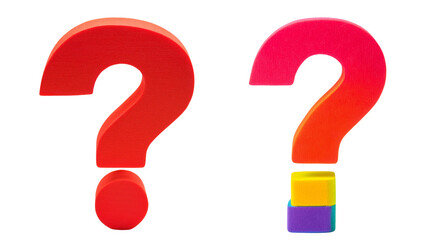 Colorful, wooden question marks on white isolated background.