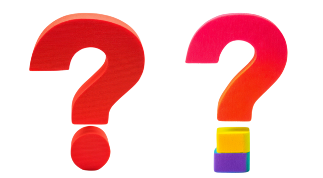 Colorful, wooden question marks on white isolated background.