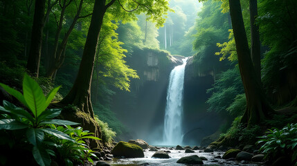Obraz premium Serene Waterfall cascading through lush green forest, sunlight filtering through leaves creating magical ambiance. Tranquil nature.