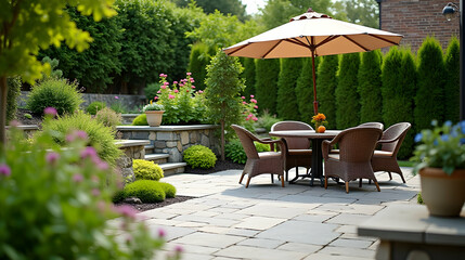 Obraz premium Serene patio scene: A tranquil garden setting with a shaded patio table, inviting wicker chairs, and lush greenery. Perfect for relaxation.