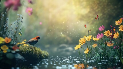 Red-capped bird watches flowing river, butterflies soar