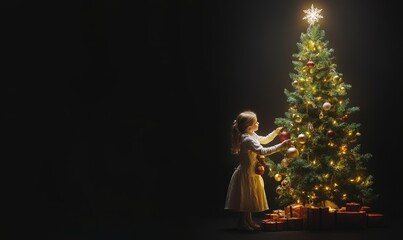 Fototapeta premium Little girl decorating Christmas tree, holiday background with copyspace
