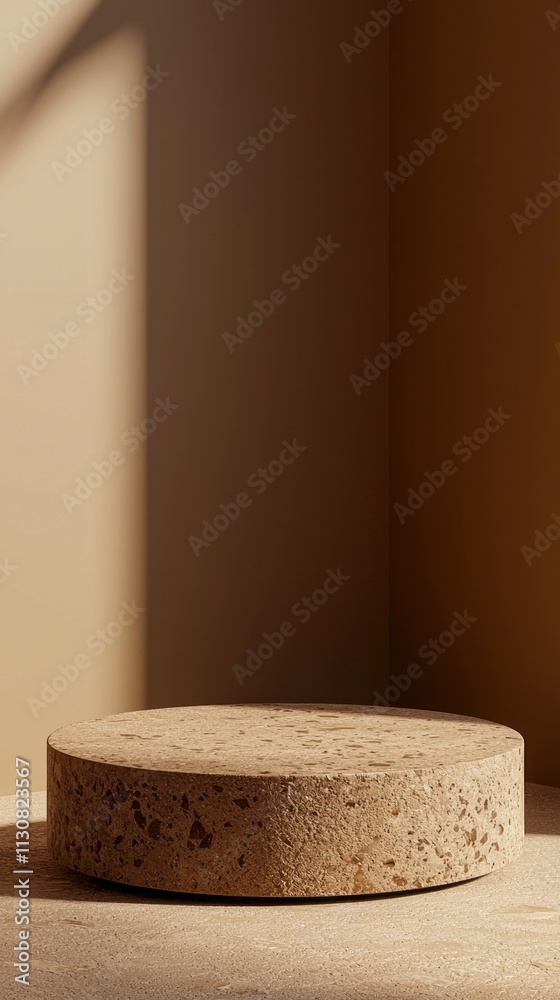 Aufkleber An empty round podium is placed on a mocha mousse color surface, illuminated by soft light casting gentle shadows. The minimalist design evokes a sense of calm and sophistication