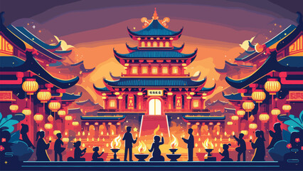 Fototapeta premium A majestic temple decorated for the Chinese New Year Lantern Festival, worshipers light incense, and fireworks light up the sky 