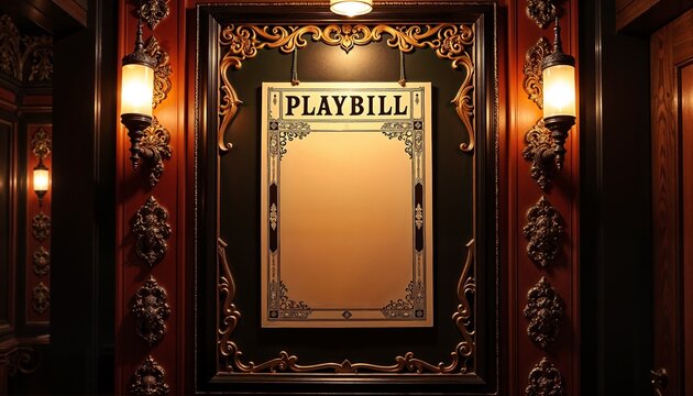 Elegant empty playbill frame on vintage theater wall, nostalgic atmosphere with decorative details