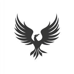 Fototapeta premium Stylized black silhouette of a phoenix bird with outstretched wings, soaring against a white background.