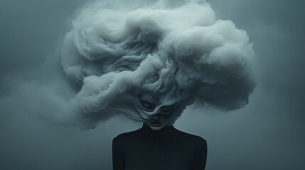 Figure with head encased in swirling cloud texture