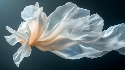 A flowing, translucent fabric in shades of white and beige resembling an elegant flower petal against a dark background