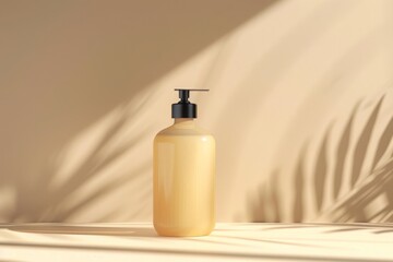 A beige pump bottle with a black dispenser sits on a light surface, casting shadows from nearby leaves. The scene is softly lit, creating a calm and natural ambiance. Mockup of shower gel or  liquid s