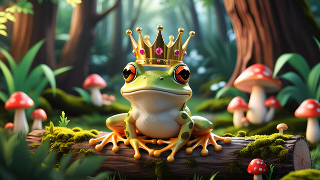  a frog wearing a golden crown, sitting confidently on a log