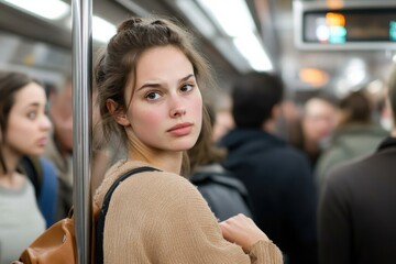 A young woman with a contemplative expression stands in a crowded subway, highlighting feelings of isolation amidst the hustle and bustle of urban life.