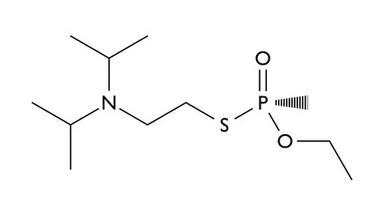 vx (nerve agent) molecule, structural chemical formula, ball-and-stick model, isolated image neurotoxin
