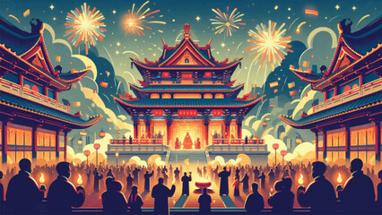 Fototapeta premium A majestic temple decorated for the Chinese New Year Lantern Festival, worshipers light incense, and fireworks light up the sky 