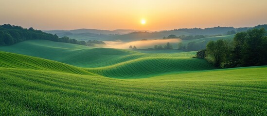 Obraz premium Sunrise over rolling green hills and fields, morning mist.