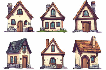 Fototapeta premium Cute cartoon medieval house, a simple flat vector illustration set on a white background with no shadows or gradients