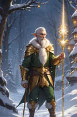 An old elf stands in the middle of the forest with a wand in his hand
