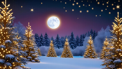 Fototapeta premium a serene winter landscape. Snow-covered pine trees sparkle with tiny fairy lights in shades of gold and white, reflecting the warm glow of a full moon
